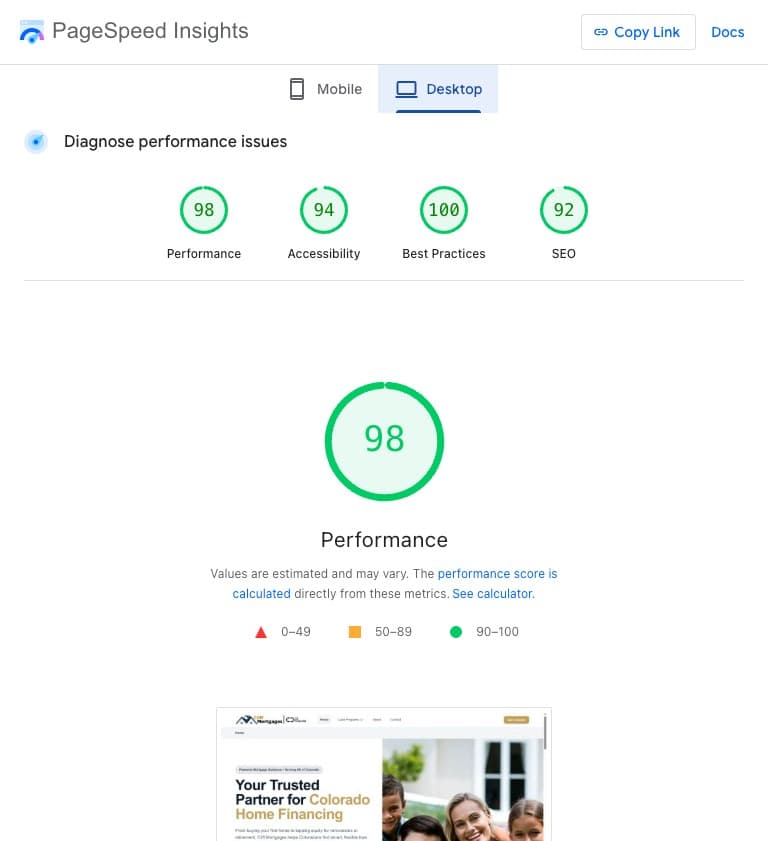 PageSpeed Insights performance results for JK Dreaming website