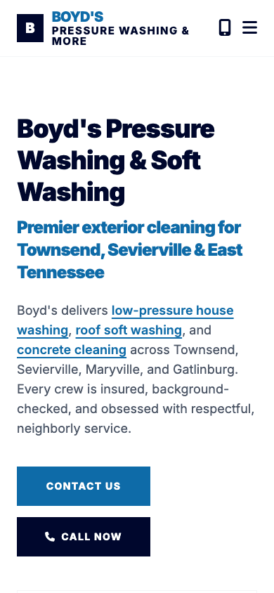 Boyd's Pressure Washing mobile website mockup front view
