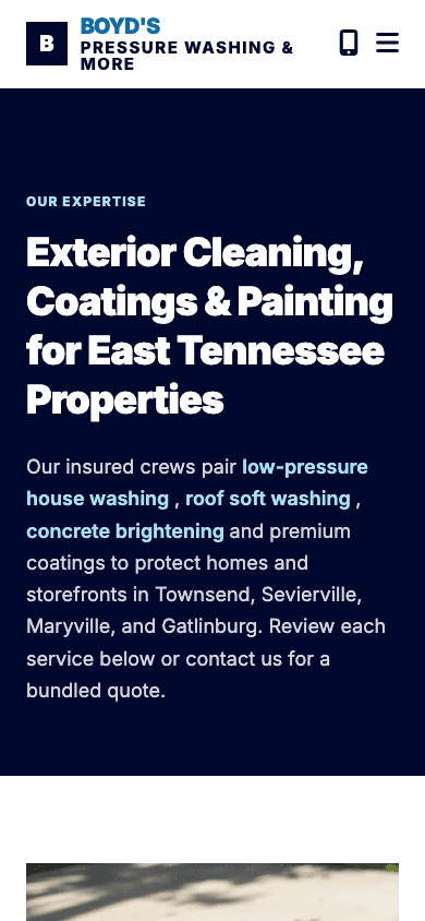 Boyd's Pressure Washing mobile website mockup angled view