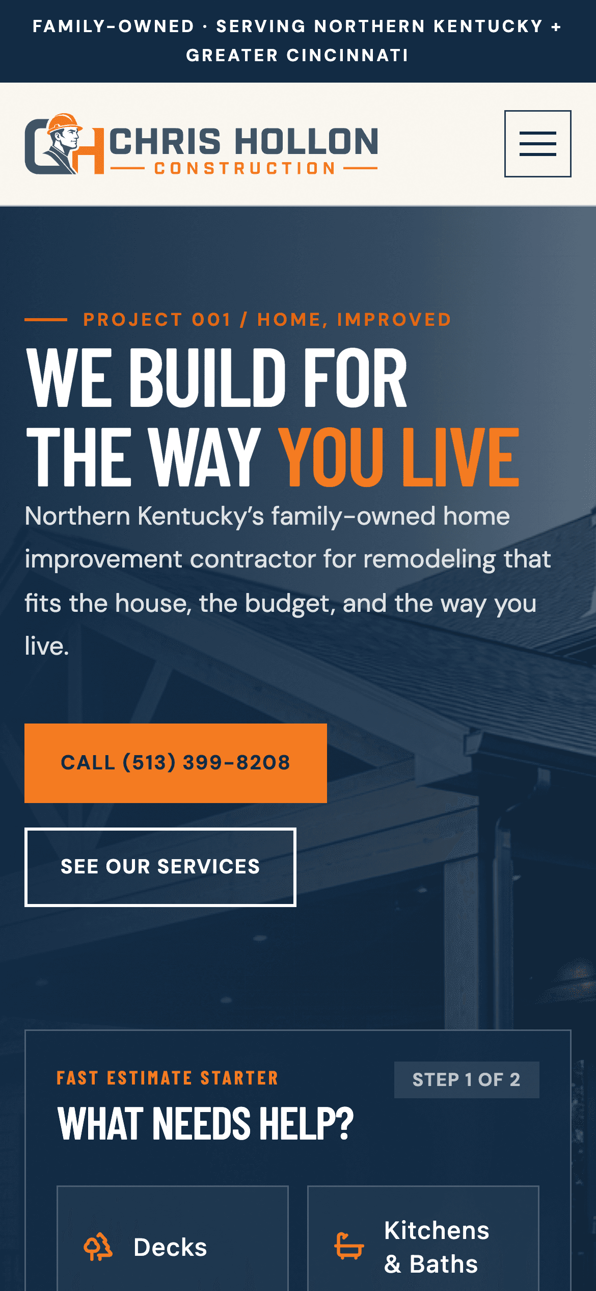Chris Hollon Construction mobile website mockup front view