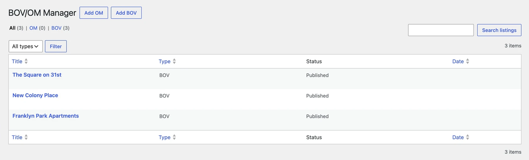 BOV/OM Manager showing published broker opinions of value and document import tools