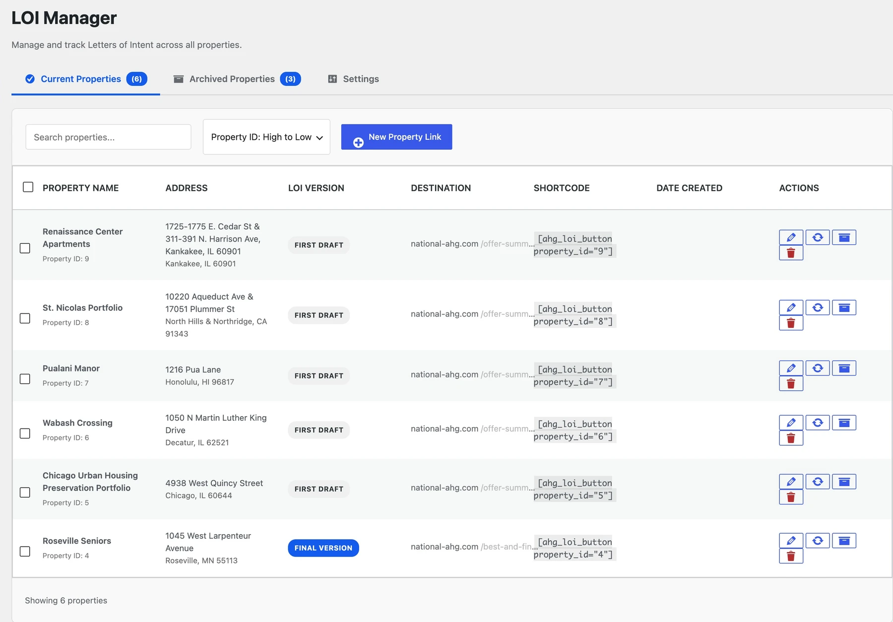 LOI Manager showing current properties, draft and final letter of intent versions, and property form links