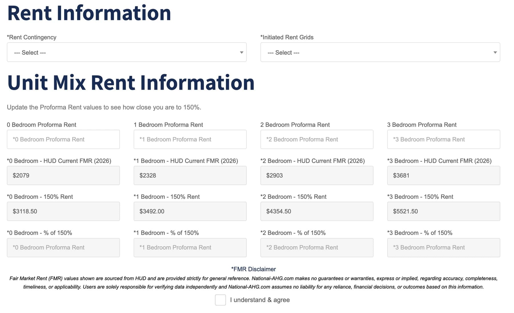 Offer summary form with HUD Fair Market Rent values filled in for each bedroom count and calculated 150 percent rent values