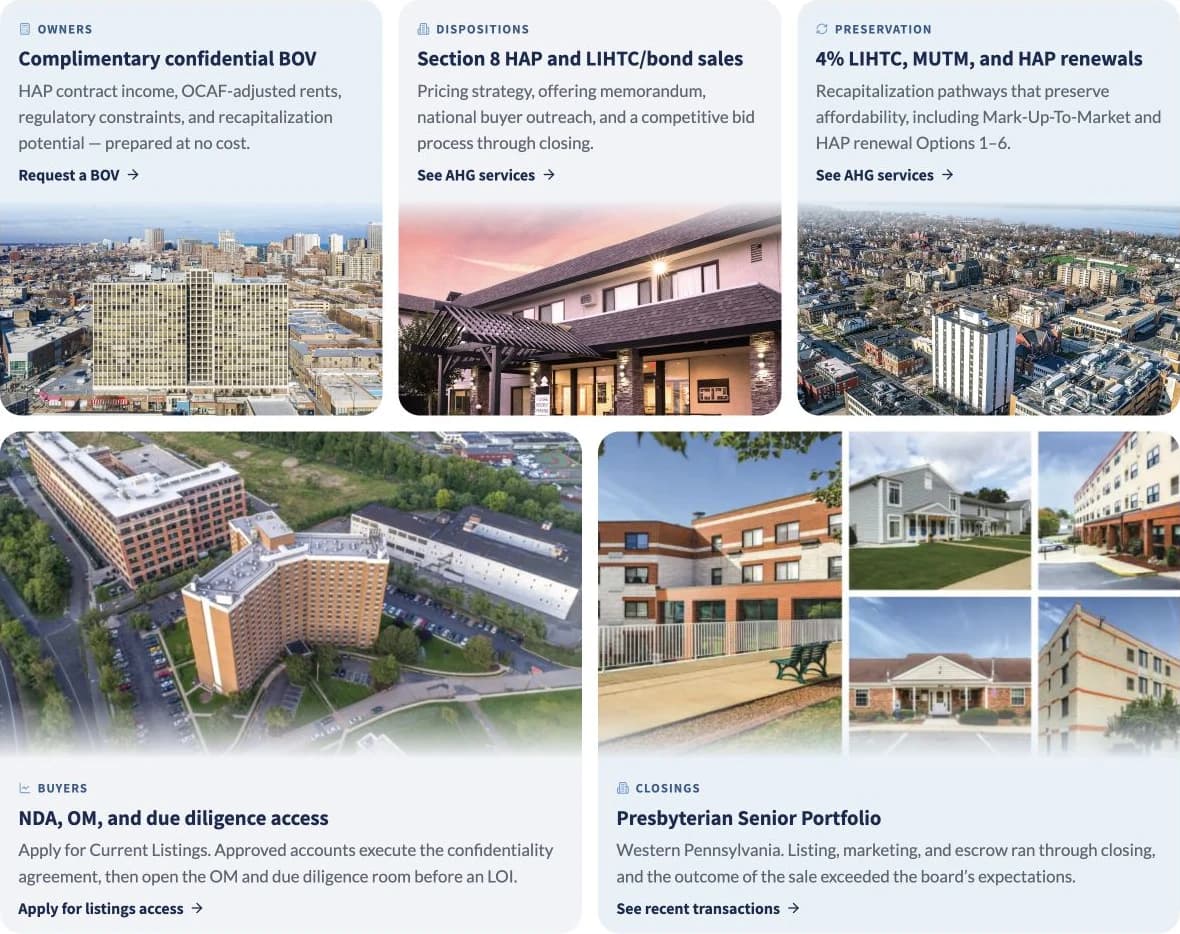 Redesigned National AHG service and project cards in a varied grid with property images and calls to action