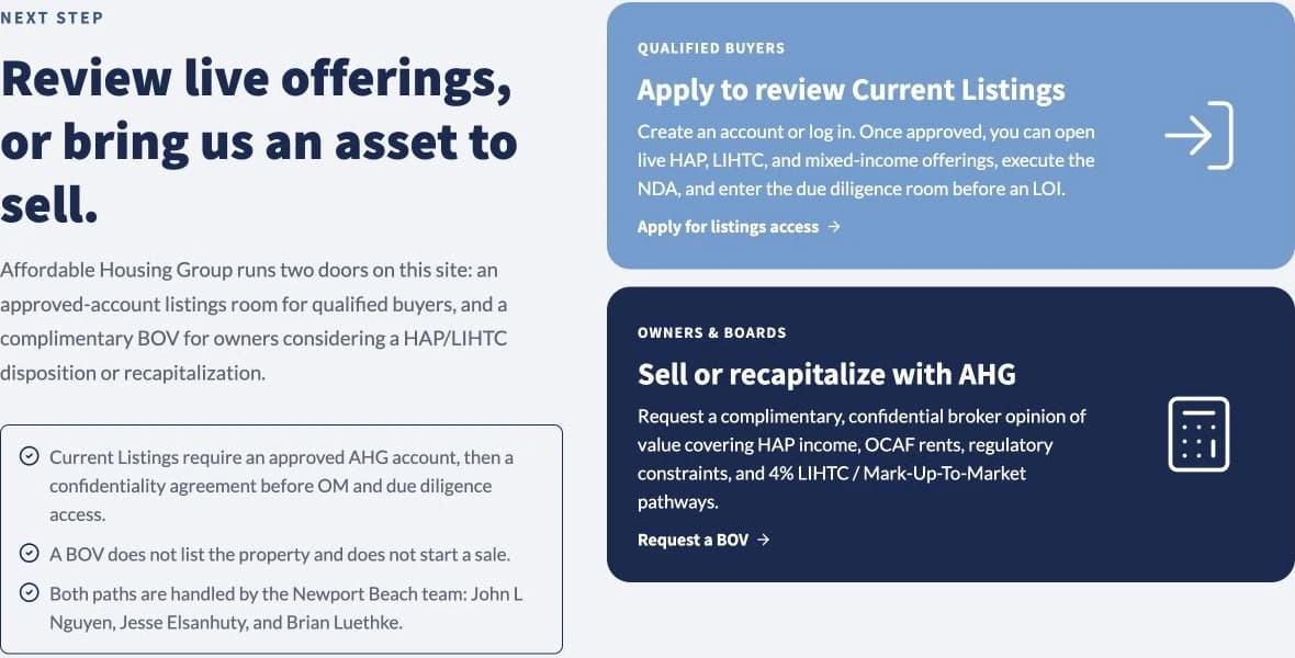 National AHG sales funnel section with separate call-to-action cards for qualified buyers and property owners