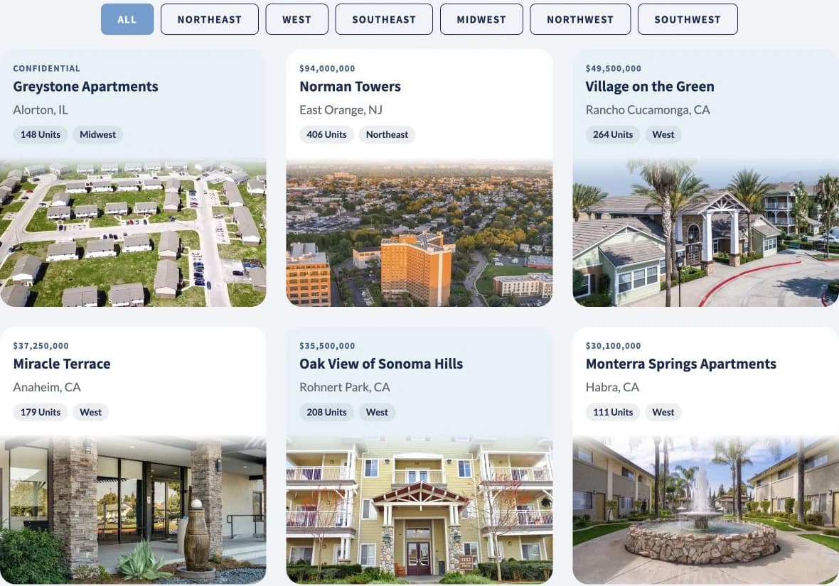 National AHG transaction cards with regional filters, property details, and photography
