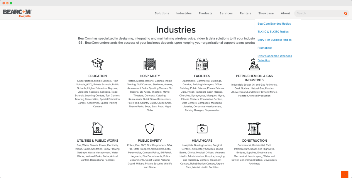 BearCom ecommerce homepage redesign with product discovery and quote paths