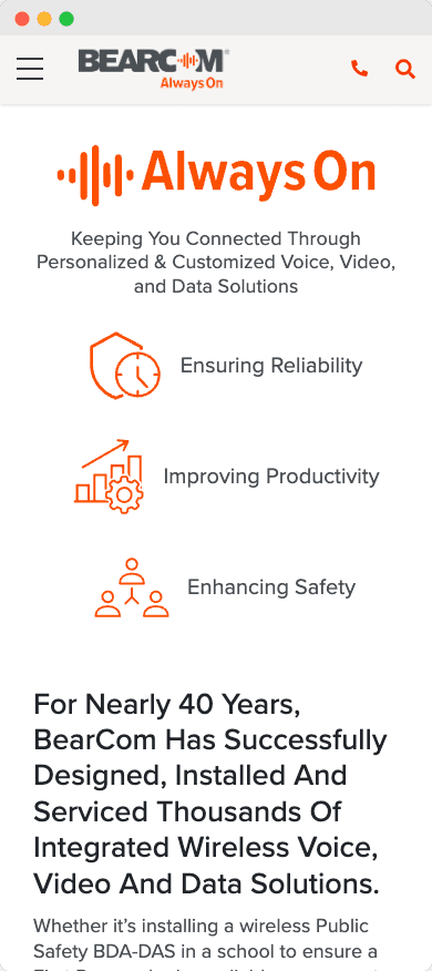 BearCom mobile homepage with fast access to B2B ecommerce content