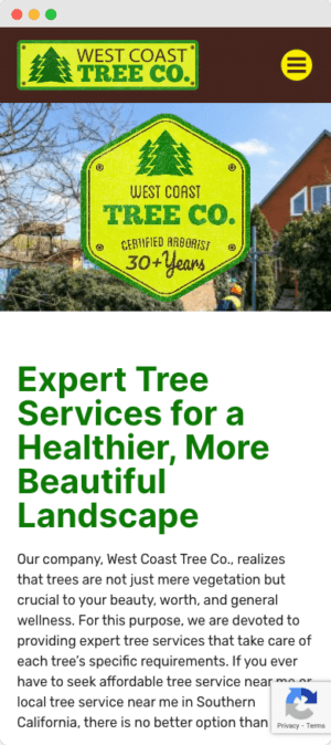 West Coast Tree Co. mobile website mockup front view