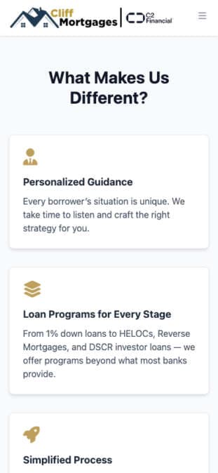 CliffMortgages.com mobile website mockup rear view