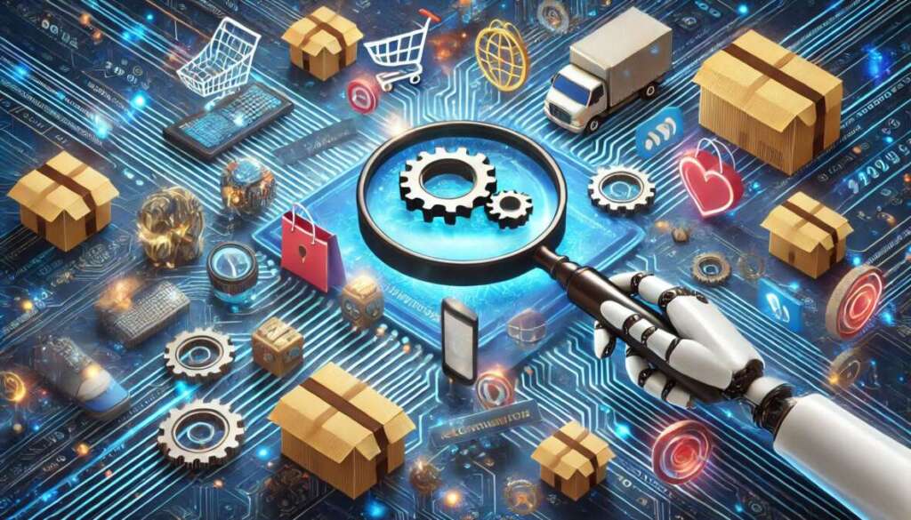 a robot hand holding a magnifying glass over a circuit board