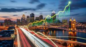 a city skyline with a bridge and a graph