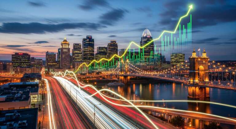 a city skyline with a bridge and a graph