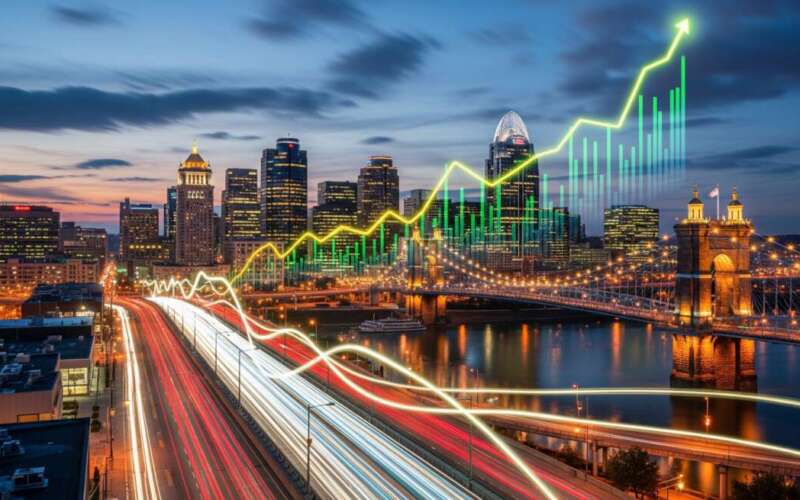 a city skyline with a bridge and a graph